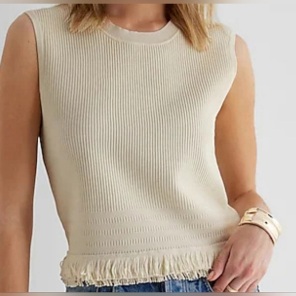 Express Elegant Luxe Ribbed Fringe Set Top+Skirt Stretch Cream Medium New - Picture 7 of 16